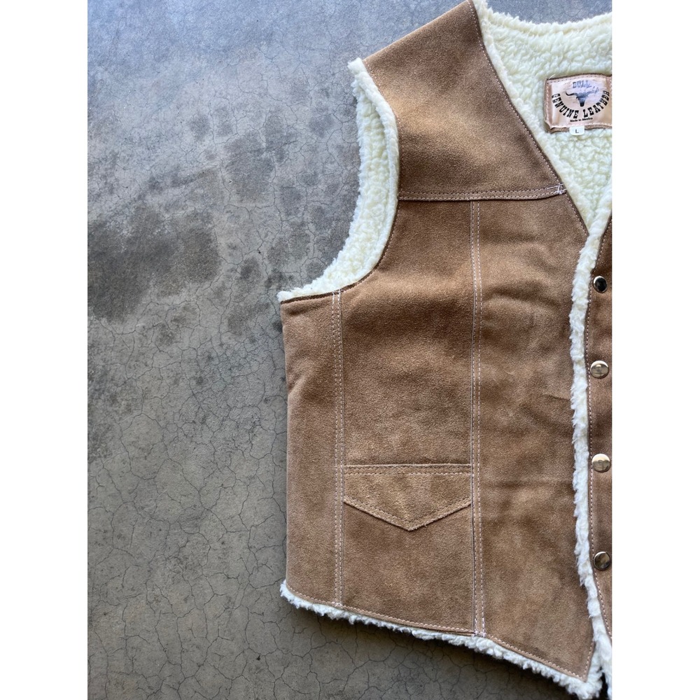 Bull Genuine Leather Suede Sherpa Lined Western Vest Tan Mens Large - Picture 2 of 7